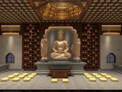 Religious Belief In Serene Temple With Golden Buddha Statues Altar And Prayer Cushions 3d model