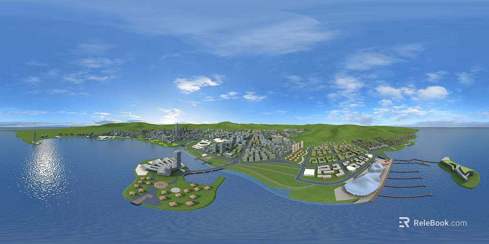 Aerial Planning of Urban Development Featuring Waterbody Green Spaces and Building Layout 3d model 