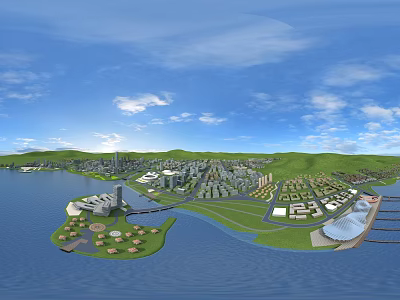 Aerial Planning of Urban Development Featuring Waterbody Green Spaces and Building Layout 3d model