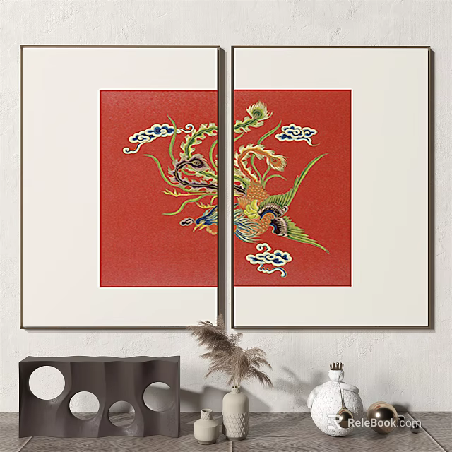 Two Panel Framed Decorative Painting With Red Background Phoenix And Cloud Patterns 3d model