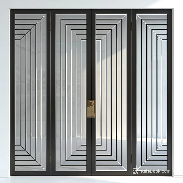 Modern Double Swing Door Design With Geometric Patterns Glass Panels Black Frame And Gold Handle 3d model 