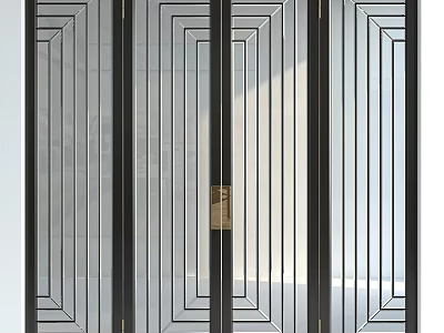 Modern Double Swing Door Design With Geometric Patterns Glass Panels Black Frame And Gold Handle 3d model
