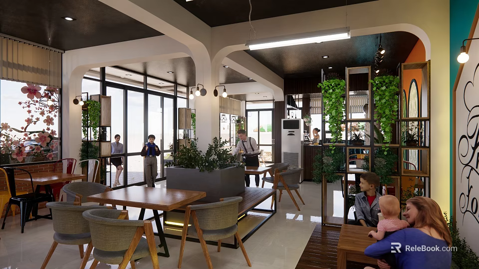 Modern Bubble Tea Shop Interior Design With Large Windows Green Living Walls And Cozy Seating 3d model 