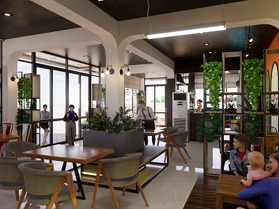 Modern Bubble Tea Shop Interior Design With Large Windows Green Living Walls And Cozy Seating 3d model