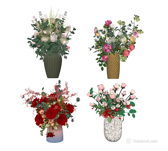 Colorful Floral Bouquets In Various Designed Vases For Home Decor 3d model 