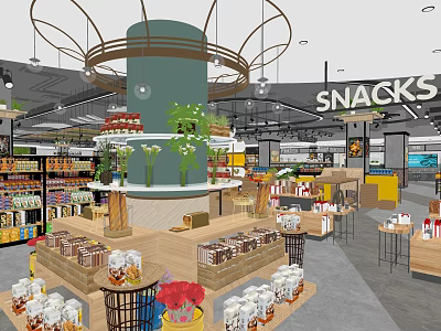 Supermarket Grocery Store Interior With Snacks Section Shelves Green Plants And Wooden Display Stands 3d model