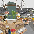 Supermarket Grocery Store Interior With Snacks Section Shelves Green Plants And Wooden Display Stands