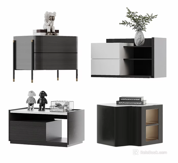 Four Stylish Modern Nightstand Designs with Storage Drawers Open Shelves and Decorative Items on Top 3d model 