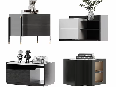 Four Stylish Modern Nightstand Designs with Storage Drawers Open Shelves and Decorative Items on Top 3d model