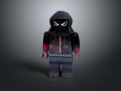 Lego Minifigure Dressed In Dark Hoodie With White Eyes Red Accents And Zipper Details 3d model