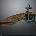 Rustic Nautical Decorative Scene With Wooden Boat Blue Anchor And Box