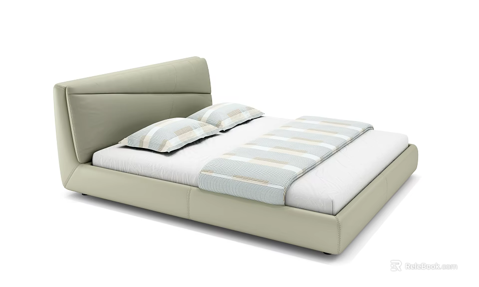 Modern Double Bed with Light Green Leather Headboard and Striped Bedding 3d model 