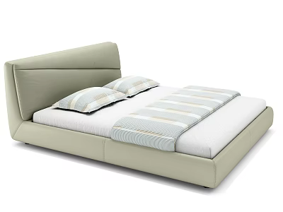 Modern Double Bed with Light Green Leather Headboard and Striped Bedding 3d model