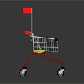 Kids Playing With Red Shopping Cart Featuring Yellow Accents And Small Flag