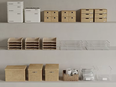 Assorted Storage Organizers Including White Brown Boxes Metal Racks And Woven Baskets 3d model