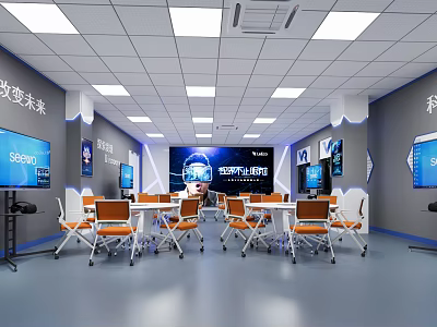 School Smart Learning Space With White Tables Orange Chairs And Multiple Screens 3d model