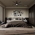 Modern Bedroom Interior With Large Bed Dark Quilt Decorative Paintings Ceiling Fan And Striped Carpet