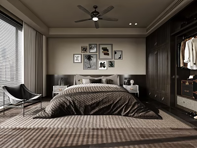 Modern Bedroom Interior With Large Bed Dark Quilt Decorative Paintings Ceiling Fan And Striped Carpet 3d model