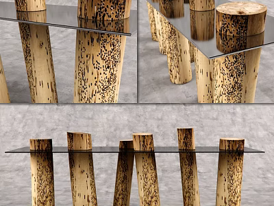 Rustic Console Table With Natural Wooden Log Legs And Glass Top Design 3d model