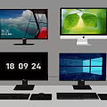 Four Computer Monitors Featuring Scenic View Leaf Design Date And Windows Interface With Keyboards Mice 3d model