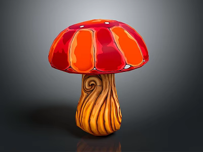 Vibrant Red And Orange Mushroom Vegetable With Twisted Wooden Texture Stem Design 3d model