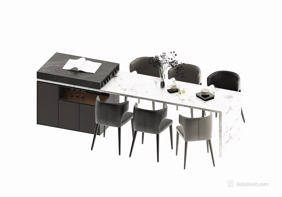 Modern Dining Table Set With Marble Top Six Gray Chairs And Black Side Cabinet 3d model