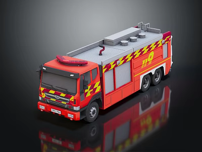 Red Fire Truck Model With Yellow Red Stripes And Roof Rescue Equipment 3d model