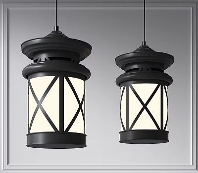 Two Modern Black Pendant Lights With Cross Lattice White Shades Design 3d model