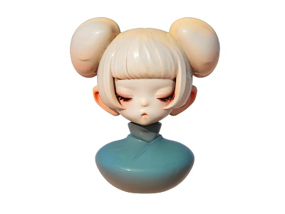 Cute Cartoon Figurine With Blonde Bun Hairstyle And Blue Collar Design 3d model
