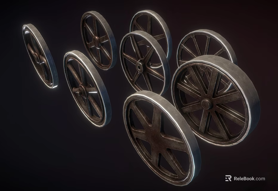 Multiple Vintage Industrial Metal Wheels With Spokes And Metallic Finish 3d model 