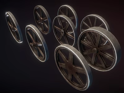 Multiple Vintage Industrial Metal Wheels With Spokes And Metallic Finish 3d model