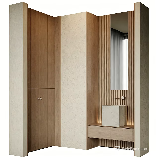 Sleek Modern Washbasin Interior With Wooden Drawers Mirror And Soft Lighting 3d model 