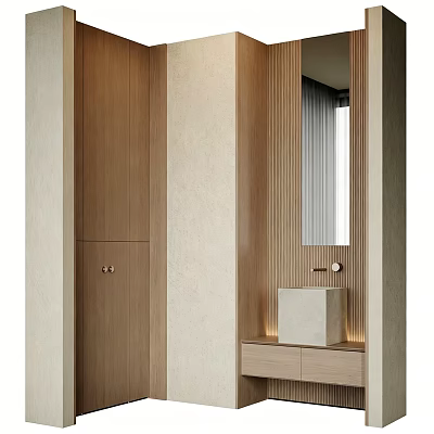 Sleek Modern Washbasin Interior With Wooden Drawers Mirror And Soft Lighting 3d model