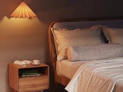Cozy Bedroom Essentials With Wooden Nightstand Scalloped Lamp Books Cup Tissues Pillows And Quilt 3d model