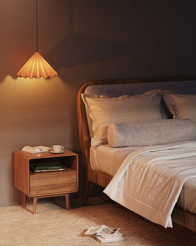 Cozy Bedroom Essentials With Wooden Nightstand Scalloped Lamp Books Cup Tissues Pillows And Quilt 3d model