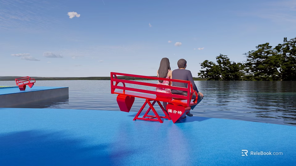 Red Landscape Seat With Two People Sitting By Waterfront Blue Sky And Trees 3d model 