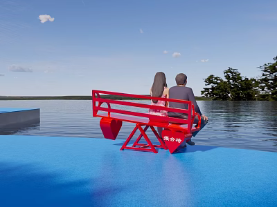 Red Landscape Seat With Two People Sitting By Waterfront Blue Sky And Trees 3d model