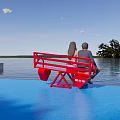Red Landscape Seat With Two People Sitting By Waterfront Blue Sky And Trees
