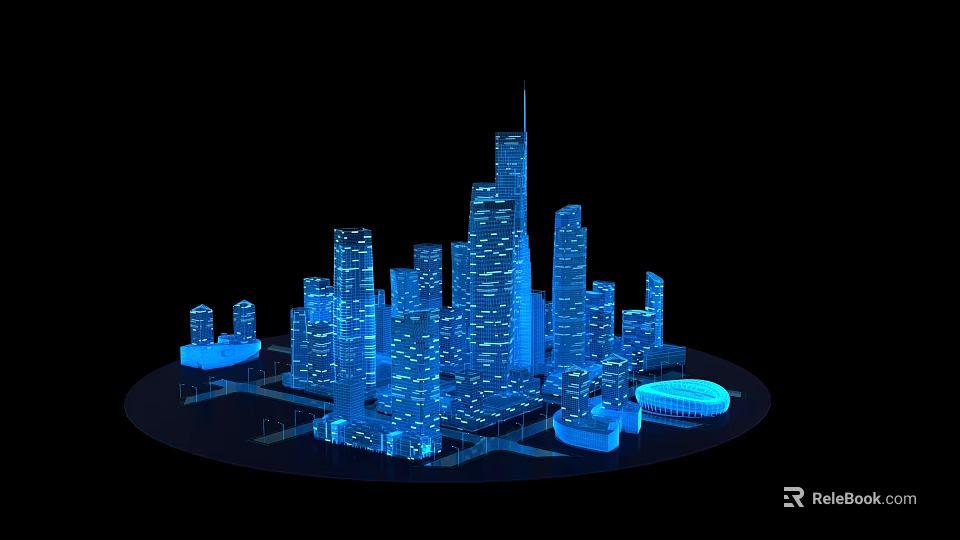 3D Urban Buildings Model Featuring Blue Lighting Tall Skyscrapers Circular Structures And Stadium Design 3d model 
