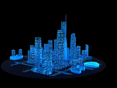 3D Urban Buildings Model Featuring Blue Lighting Tall Skyscrapers Circular Structures And Stadium Design 3d model