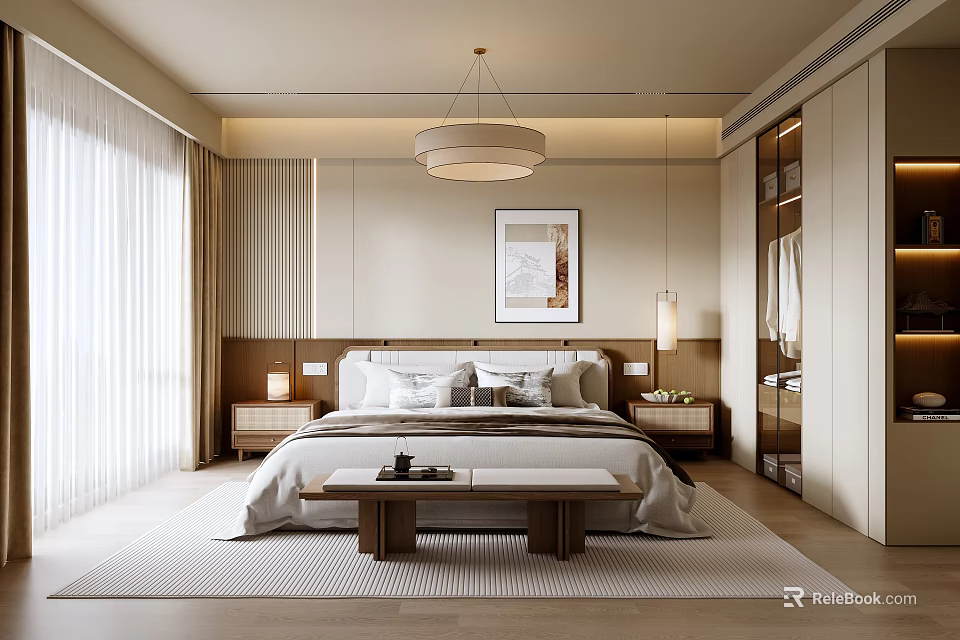 Modern Bedroom Interior With Bed Bedside Tables Pendant Light Decorative Painting Wardrobes And Curtains 3d model 