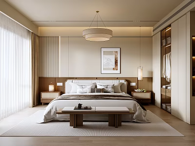Modern Bedroom Interior With Bed Bedside Tables Pendant Light Decorative Painting Wardrobes And Curtains 3d model