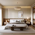 Modern Bedroom Interior With Bed Bedside Tables Pendant Light Decorative Painting Wardrobes And Curtains