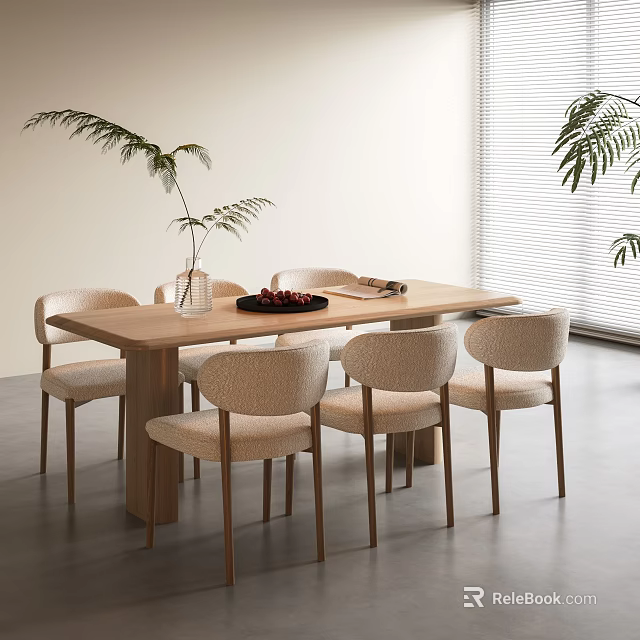 Modern Minimalist Dining Table and Chairs Set With Wooden Tabletop Beige Upholstered Chairs Green Plants Natural Light 3d model 
