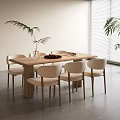 Modern Minimalist Dining Table and Chairs Set With Wooden Tabletop Beige Upholstered Chairs Green Plants Natural Light