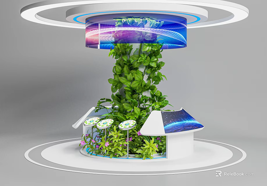Lush Greenery Covered Pillar With Top Digital Display And Surrounding Exhibition Booths 3d model 