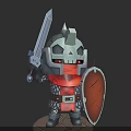 Chibi Cartoon Knight Character With Skull Helmet Red Cape Sword And Shield
