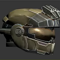 Futuristic Golden Metallic Helmet With Shiny Surface And Mechanical Details