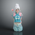 Cute Child in Blue Pink COOKIE HEART Top And Fluffy Shorts With White Hair Bun
