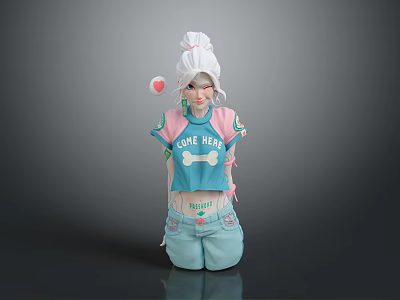 Cute Child in Blue Pink COOKIE HEART Top And Fluffy Shorts With White Hair Bun 3d model